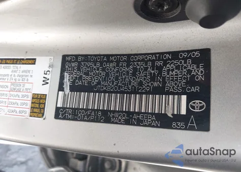 2005 Toyota Prius из США, поврежденный, VIN JTDKB20U453112291